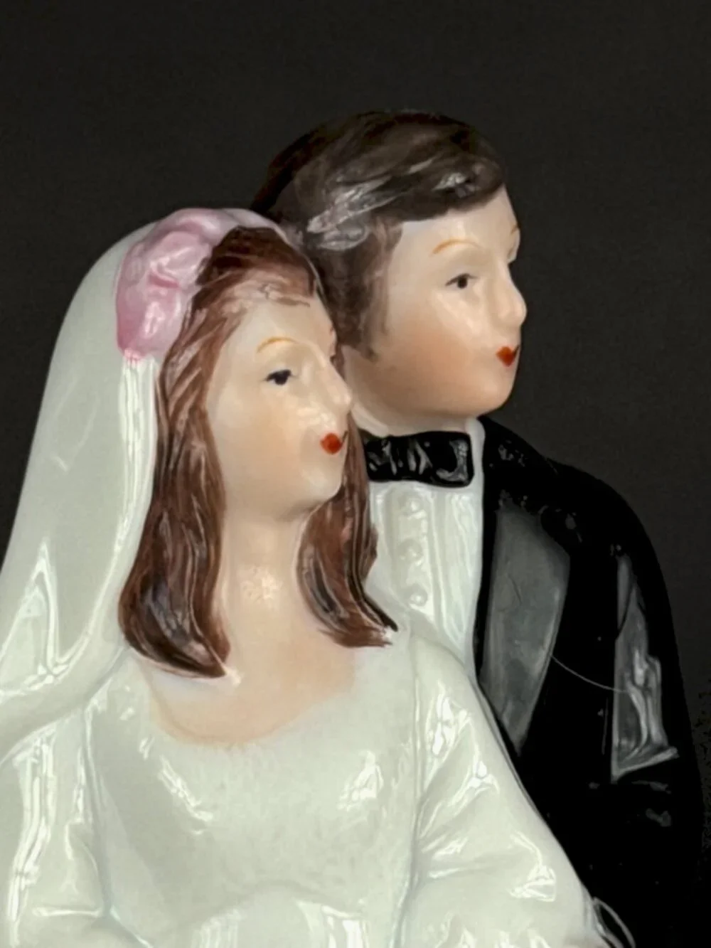 Vintage Porcelain Wedding Cake Topper in Protective Display Dome 1980s